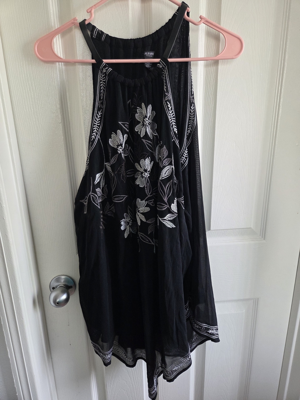 Alfani Black Blouse with White Floral Embroidery